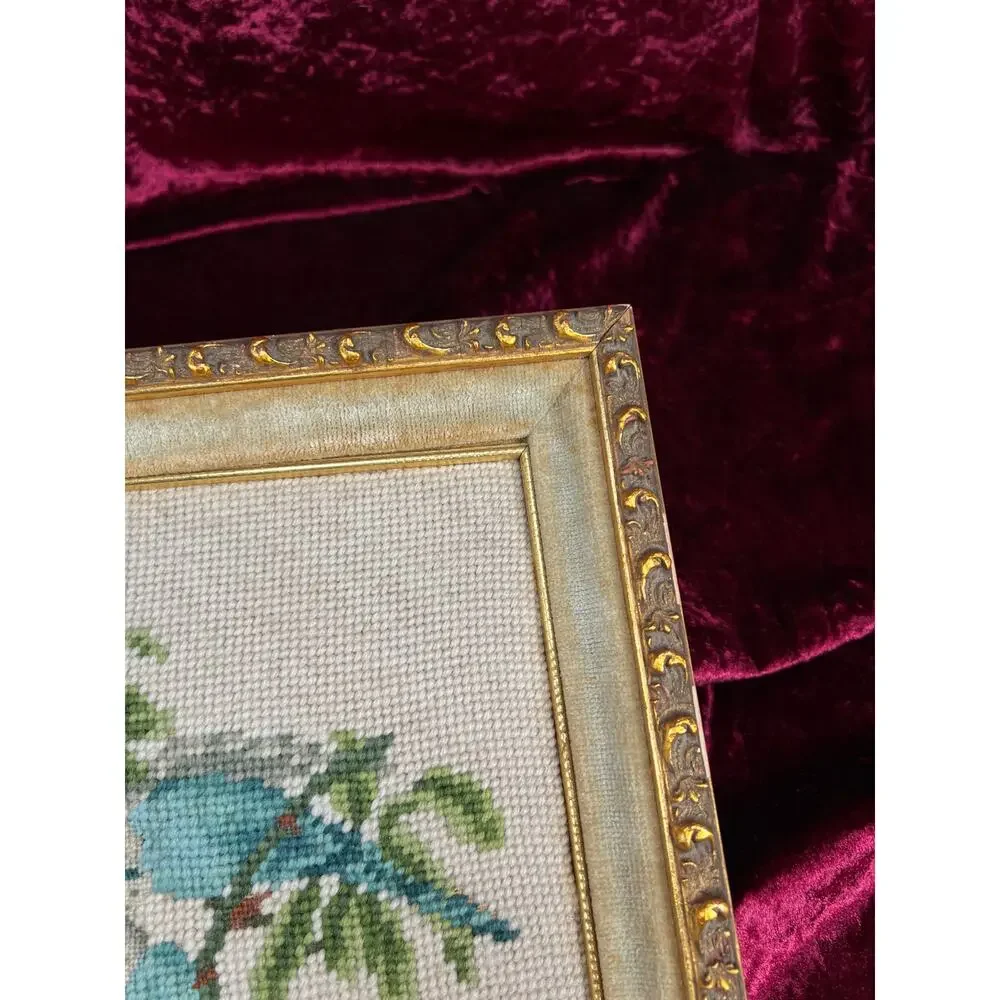 Vintage Mid Century Framed Needlepoint Wall Art Blue Parakeet Birds On A Branch